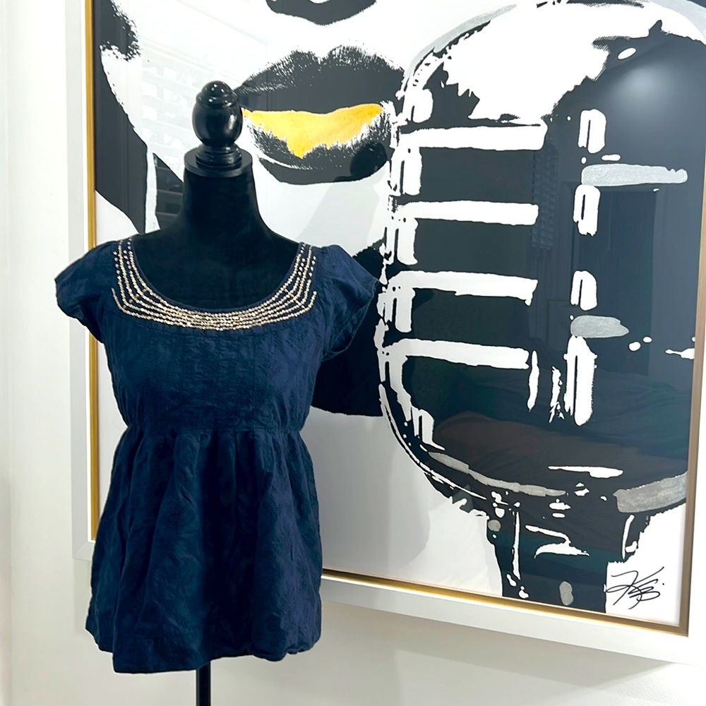 Calvin Klein Jeans Navy Blue and Gold Cap-Sleeve Babydoll Top, Size M